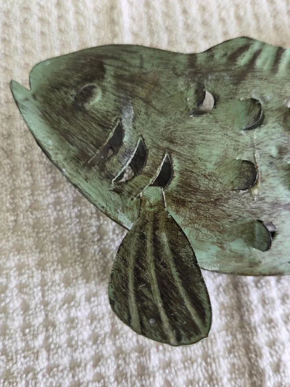 Metal Fish Tea Light Candle Holder Green Rustic Steel Sculpture 9” Cabin